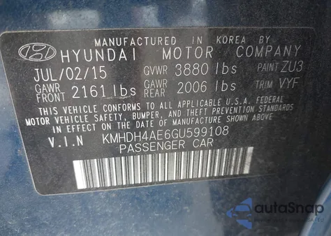 2016 Hyundai Elantra Se z USA, uszkodzony, nr VIN KMHDH4AE6GU599108